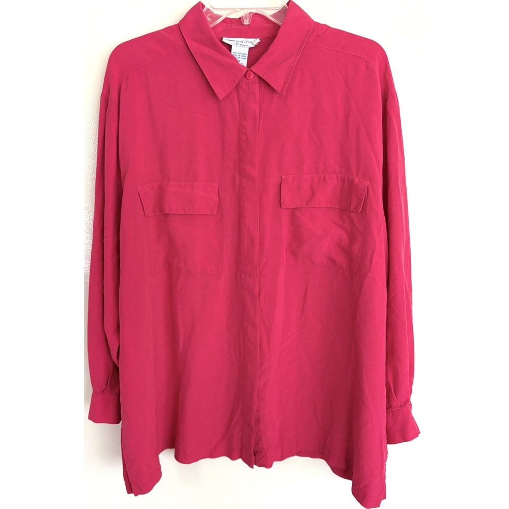 Anna and Frank Shirt Women 1X Red Silk Button Up Long Sleeve Blouse Pockets Vtg.